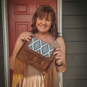 Genuine Leather & Cowhide Brown and Aztec Crossbody Bag